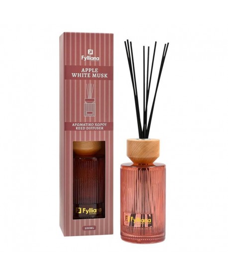 ΑΡΩΜΑΤΙΚΟ ΧΩΡΟΥ Apple white musk ΓΥΑΛΙΝΟ ΜΠΟΥΚΑΛΑΚΙ ΜΕ STICKS Fylliana FL25241 ΣΕ ΣΥΣΚΕΥΑΣΙΑ ΔΩΡΟΥ ΡΟΖ ΧΡΩΜΑ 500ml