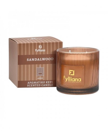 ΑΡΩΜΑΤΙΚΟ ΚΕΡΙ Sandalwood Fylliana FL25245 ΣΕ ΓΥΑΛΙΝΟ ΒΑΖΑΚΙ 400gr ΚΑΙ ΣΥΣΚΕΥΑΣΙΑ ΔΩΡΟΥ